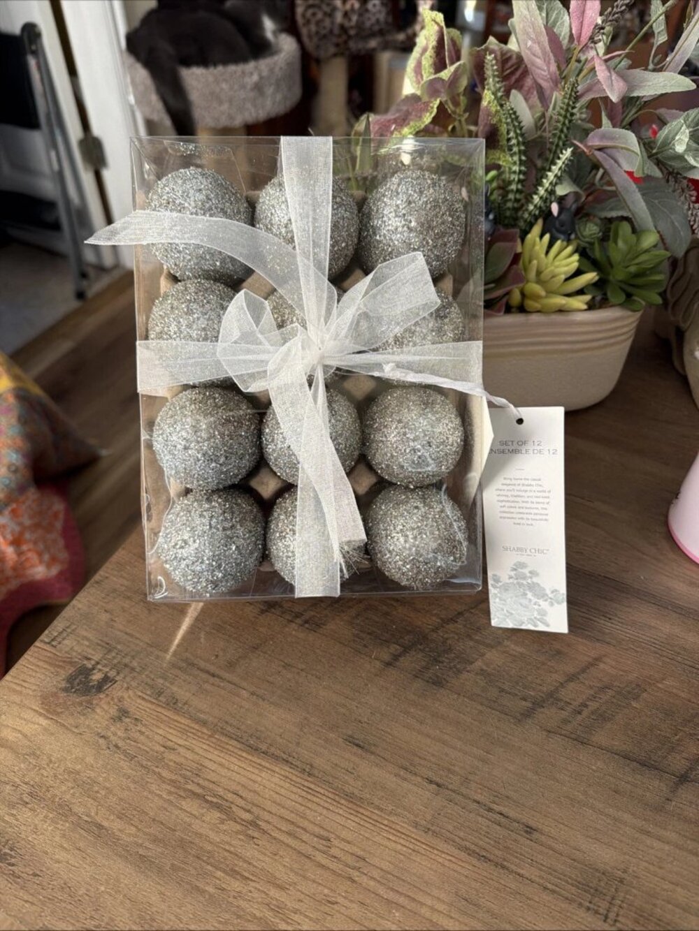 Shabby Chic Set of 12 Silver Glittered Styrofoam Decorative Eggs In Carton NWT